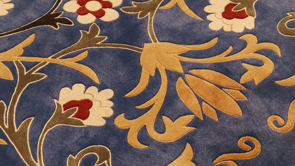 A close-up of the Quito temple's blue carpet, which shows simple flower designs.