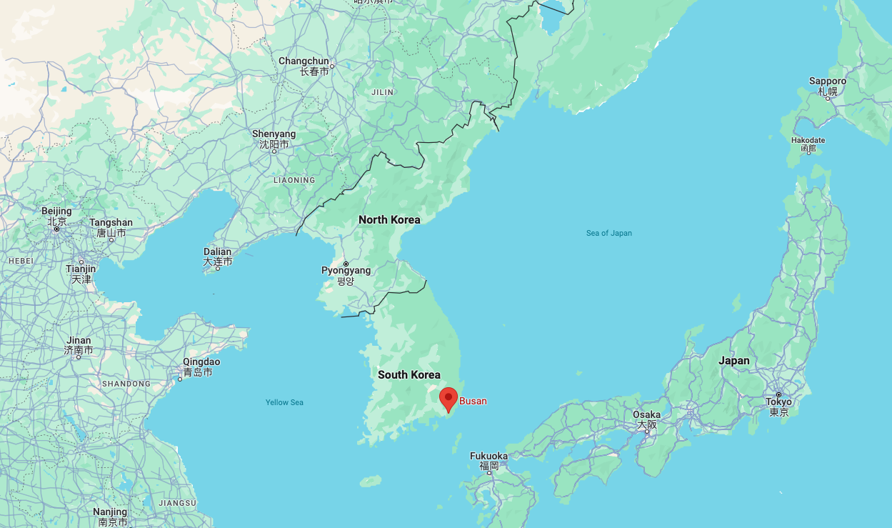 A map of South Korea, with a pin in Busan, in the south of the country. 