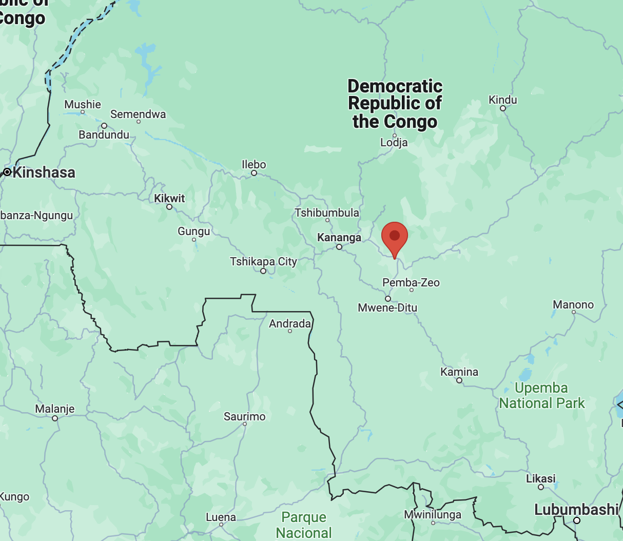 A map showing the location of Mbuji-Mayi in relation to the country of the Democratic Republic of the Congo. It lies in the western central region of the country midway between Kinshasa and Lubumbashi.