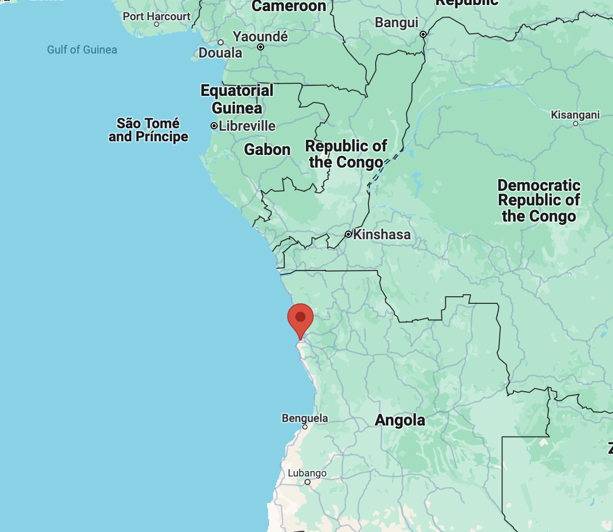 A map showing the location of Luanda in relation to the country of Angola. Luanda lies along the Atlantic Coast with the country falling between the Democratic Republic of the Congo and Namibia.