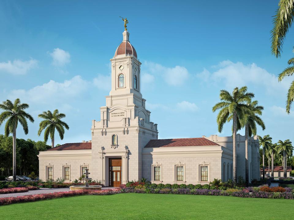 A rendering of the Puebla Mexico Temple, a one-story building with a center tower and a domed roof atop the tower.
