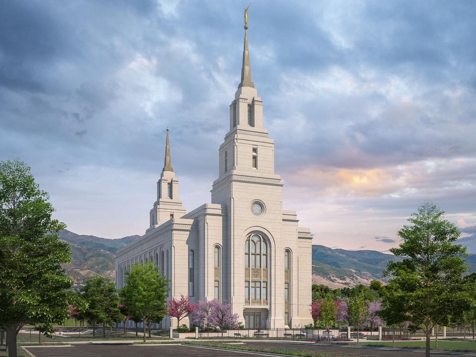 A rendering of the exterior of the Layton Utah Temple.