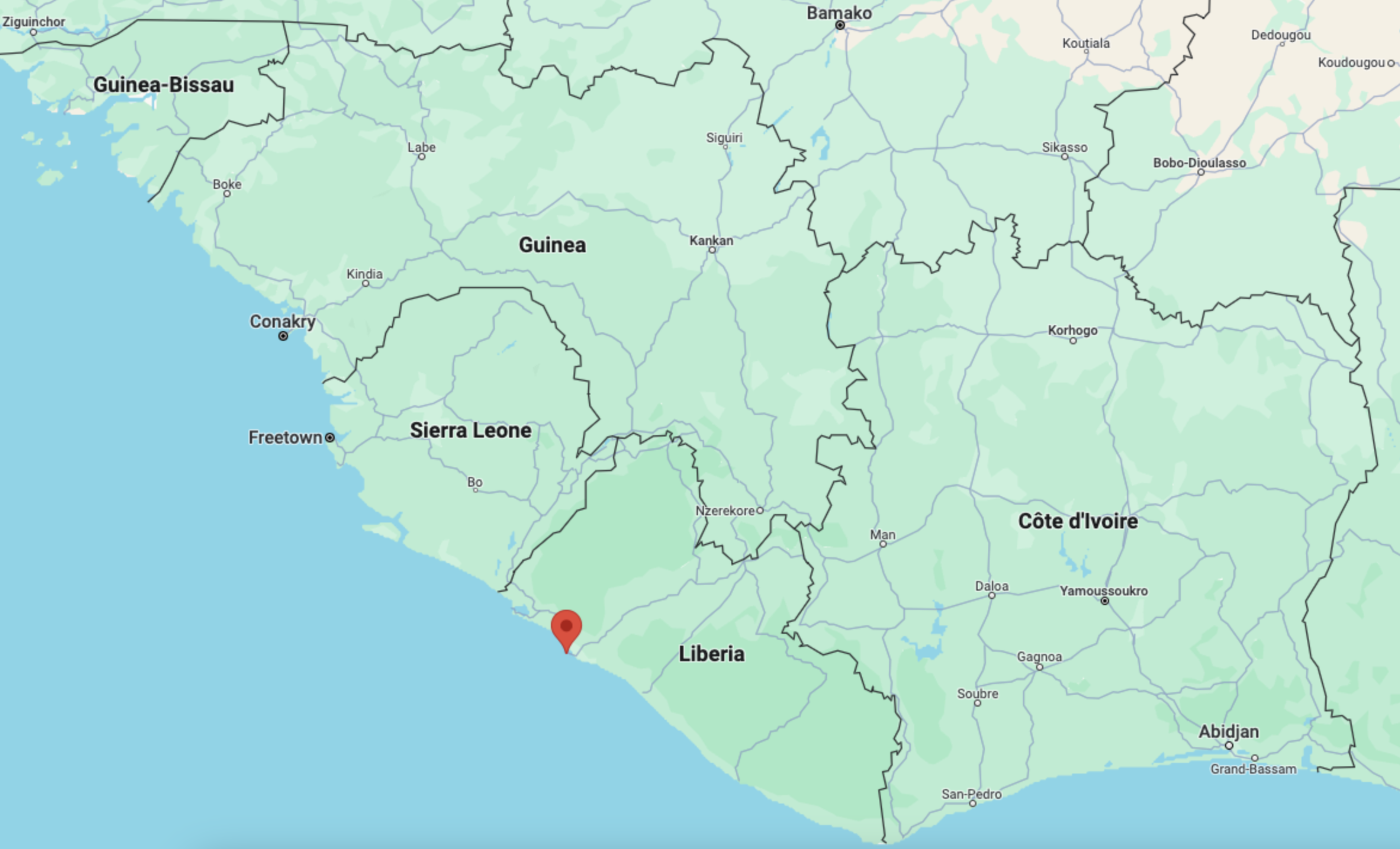 A map of Liberia, with a pin in Monrovia, in the west of the country. 