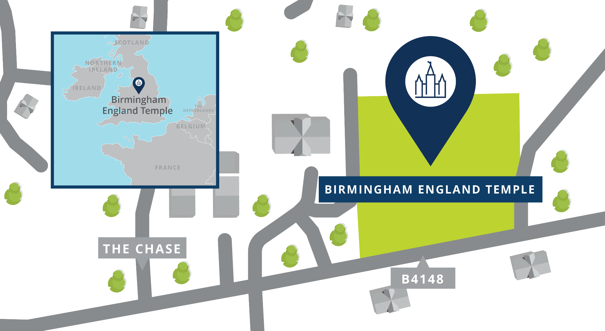 A map with a pin showing the location of the Birmingham England Temple site, with nearby roads.