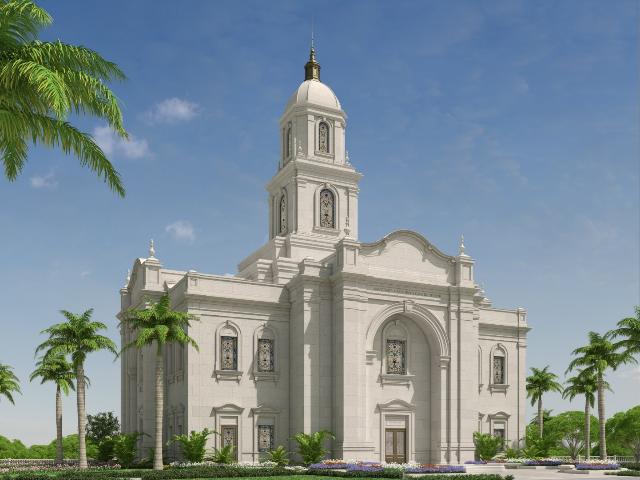 An exterior rendering of the Salvador Temple, a white, two-story building with a two-story tower and domed cupola on top.