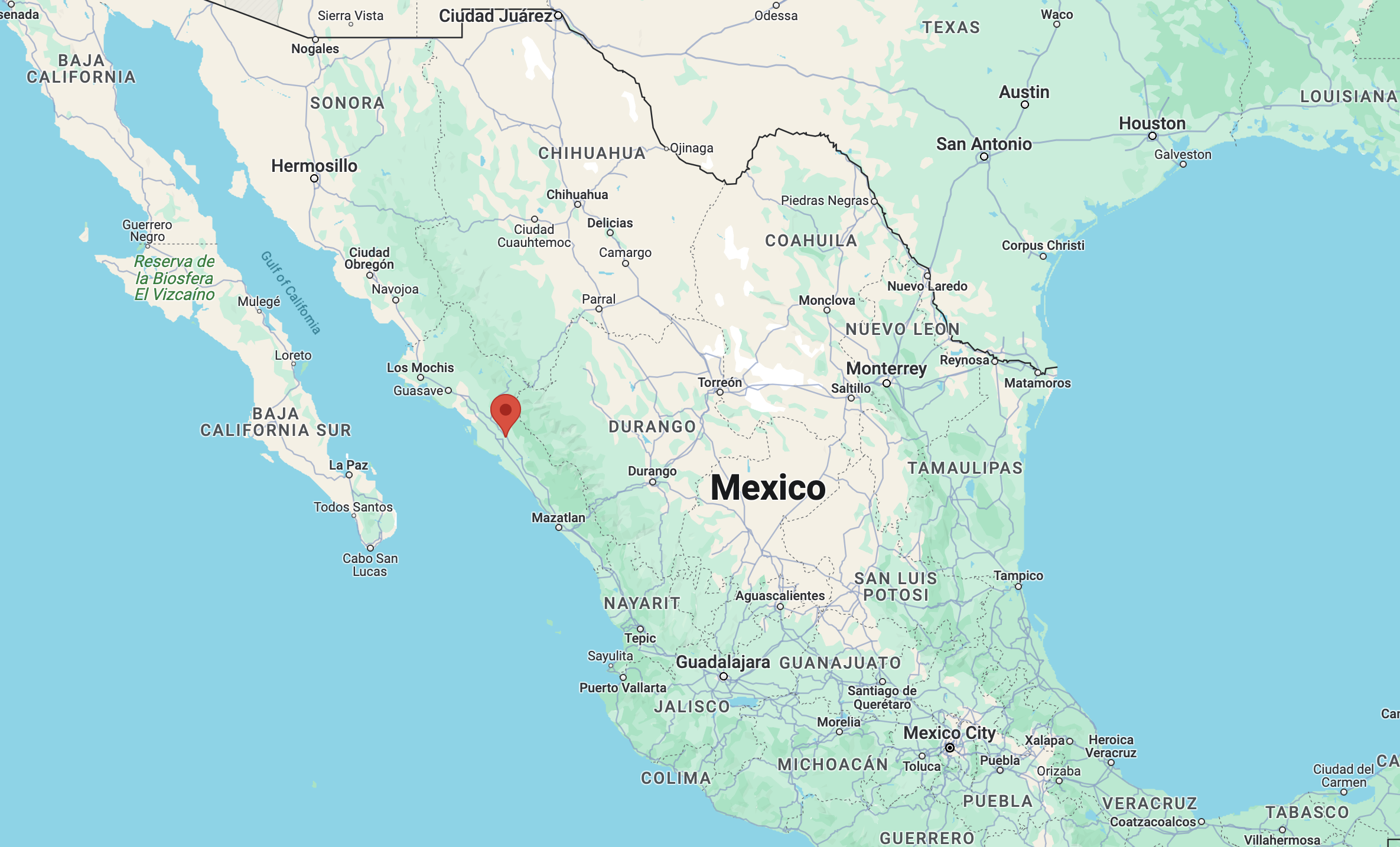 A map of Mexico, with a pin in Culiacán, in the west of the country.
