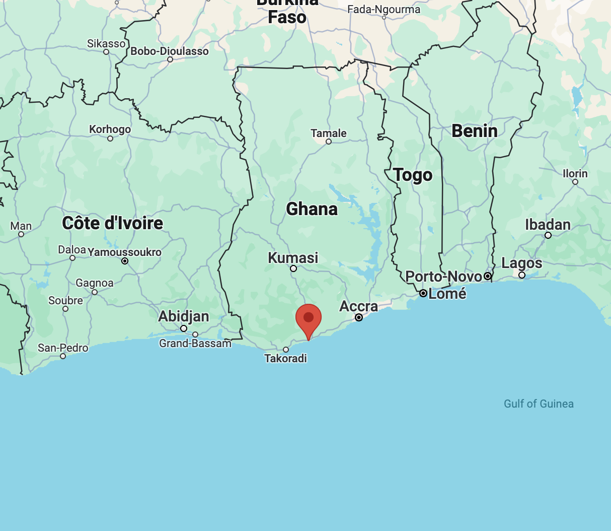 The location of Cape Coast in relation to the country of Ghana. The city lies along the Atlantic Coast, relatively short distance from the capital of Accra.
