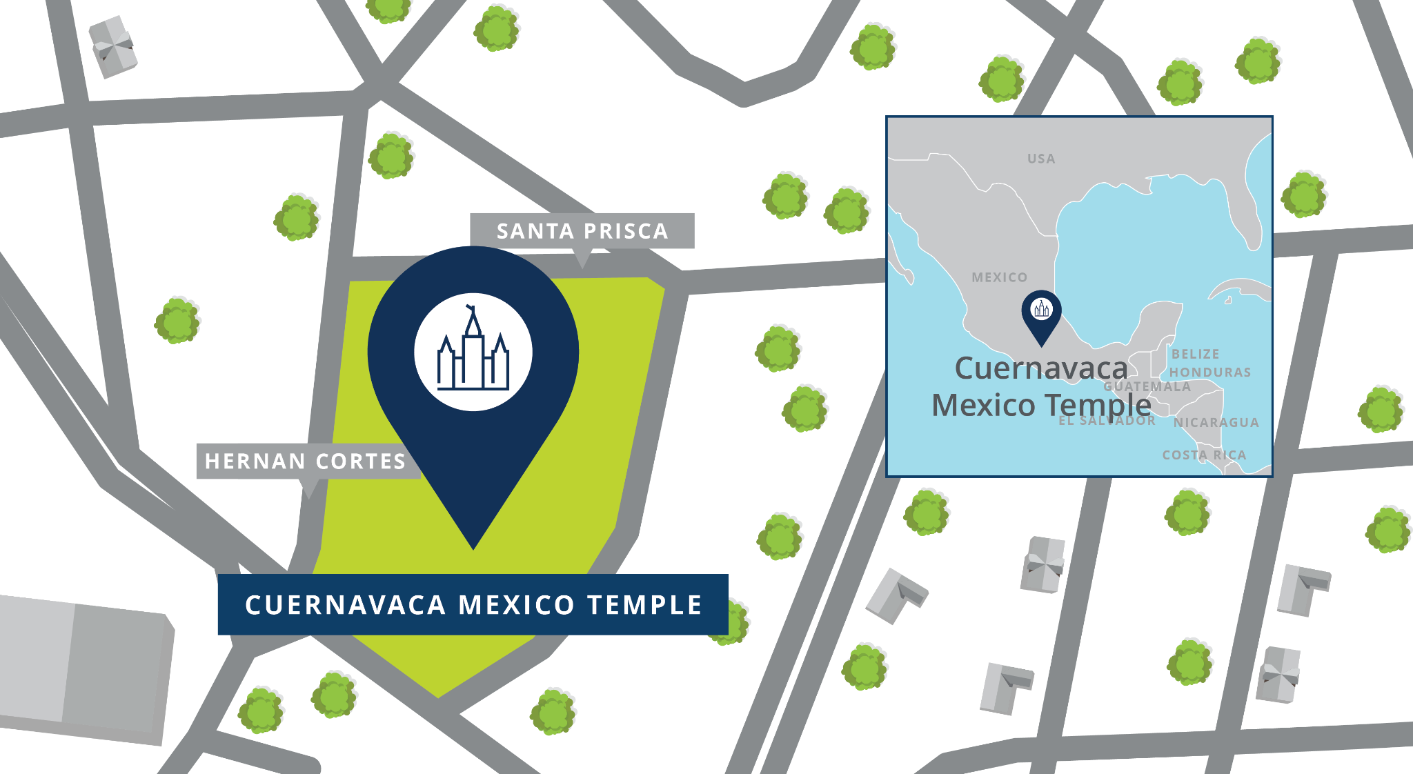 A map with a pin showing the location of the Cuernavaca Mexico Temple site, with nearby roads.