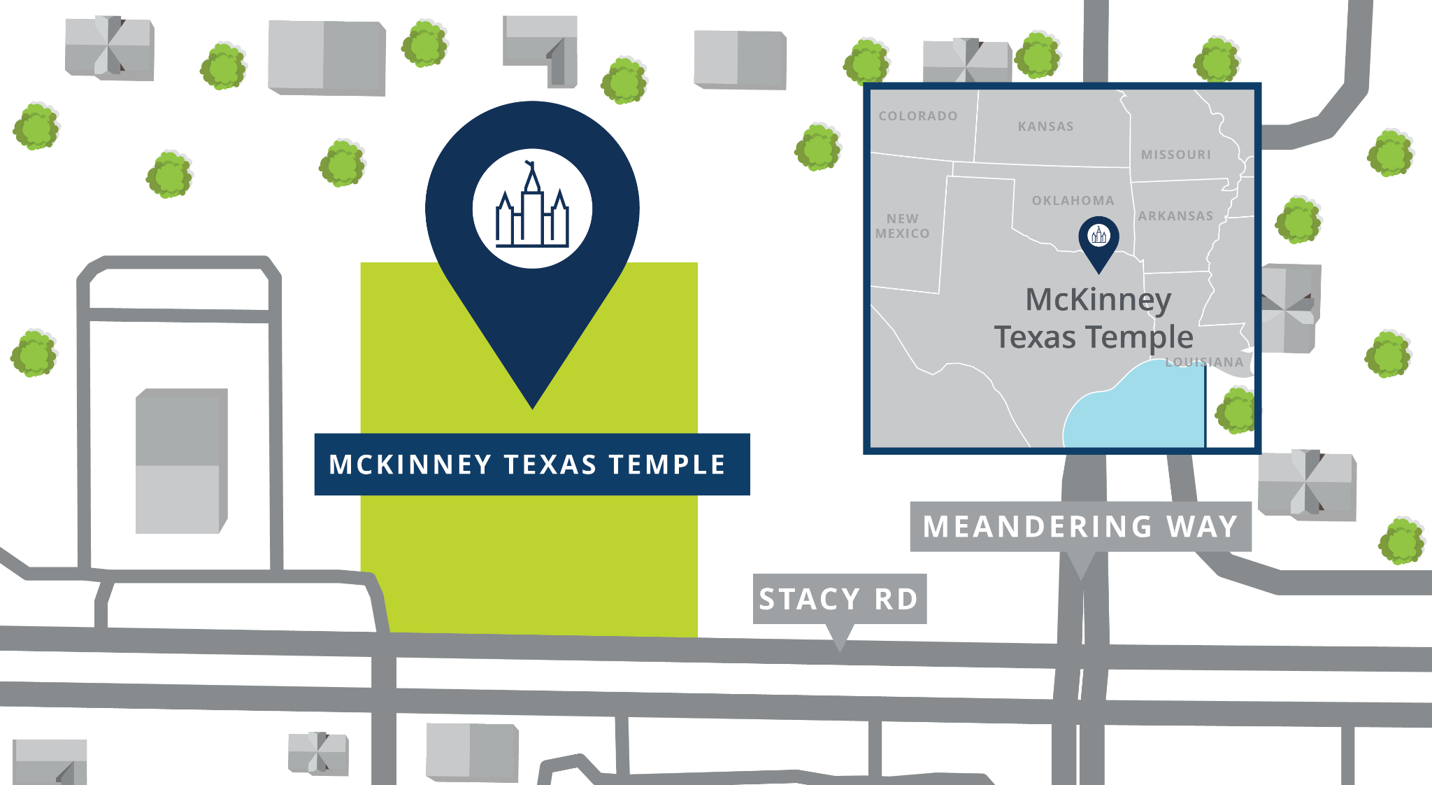 A map of a pin showing the location of the McKinney Texas Temple site, with nearby roads.