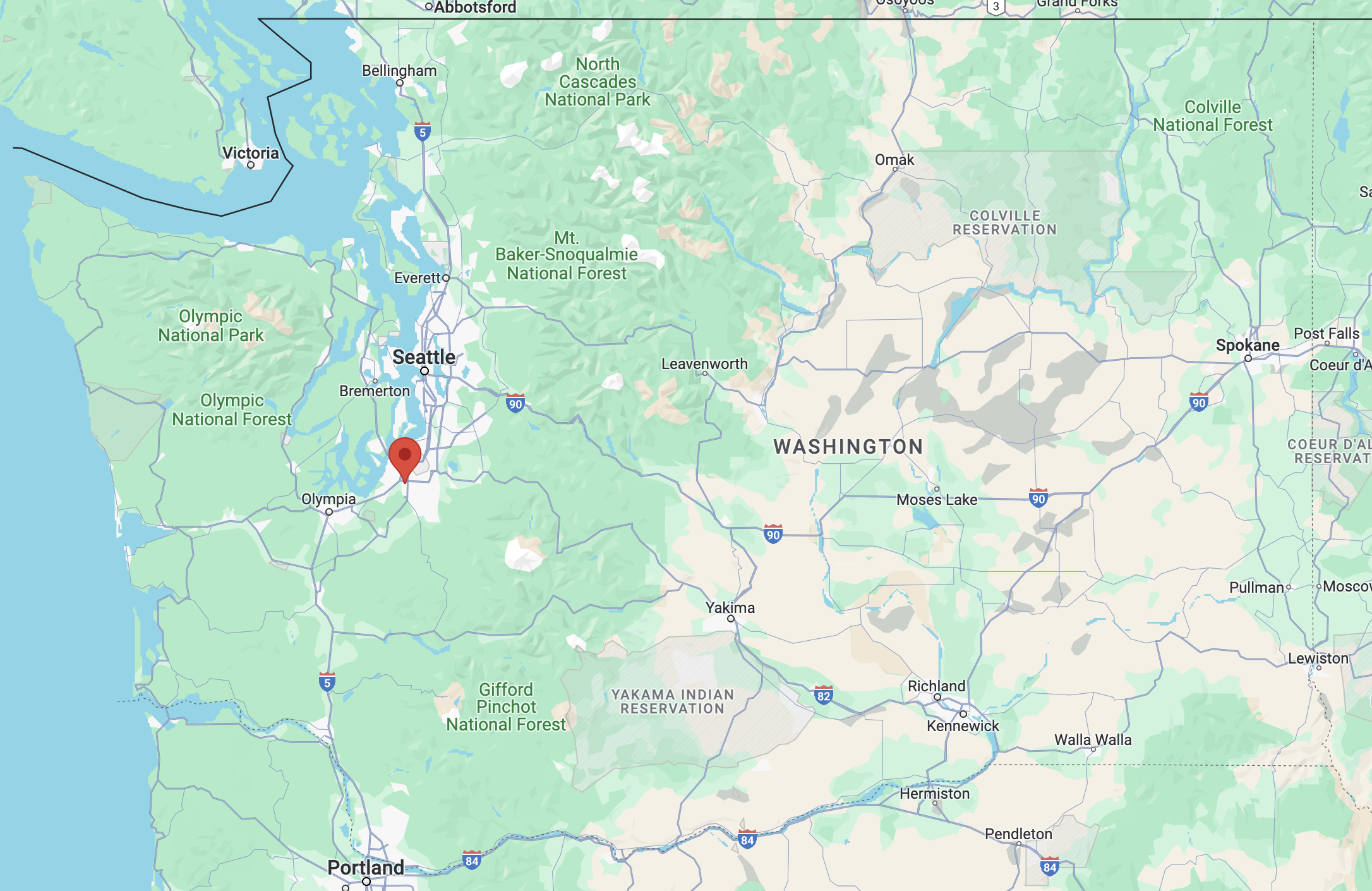 A map of Washington state, with a pin in Tacoma, in the northwest area of the state.