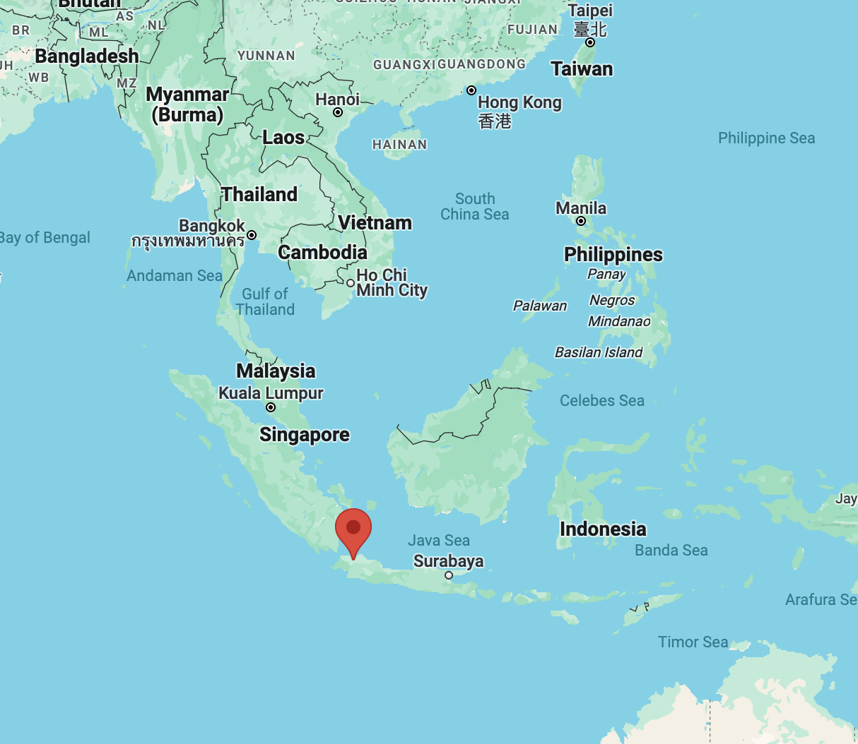 A map with a pin on the location of Jakarta, Indonesia. Indonesia is a nation consisting of many islands in between Australia, southeast Asia and the Philippines.