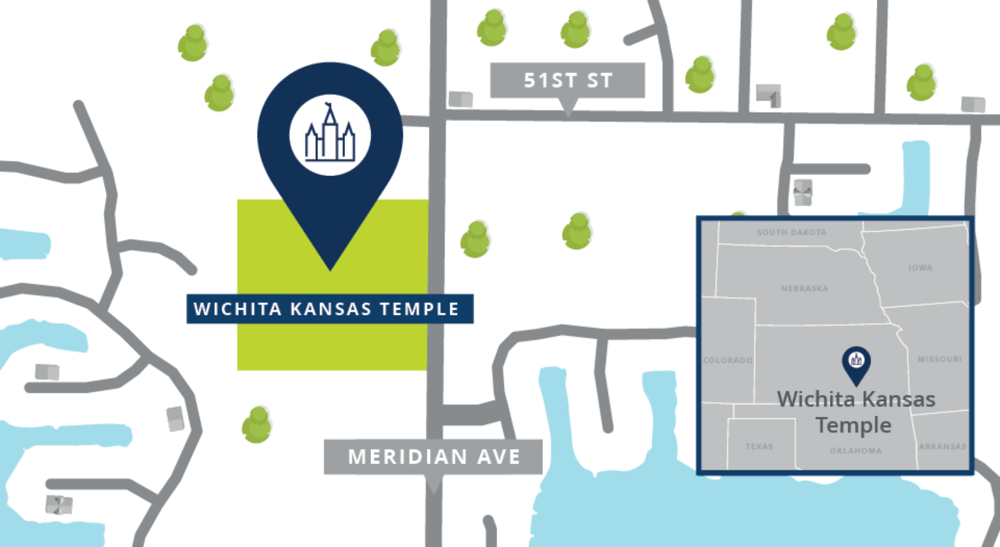 A map of a pin showing the location of the Wichita Kansas Temple site, with nearby roads.