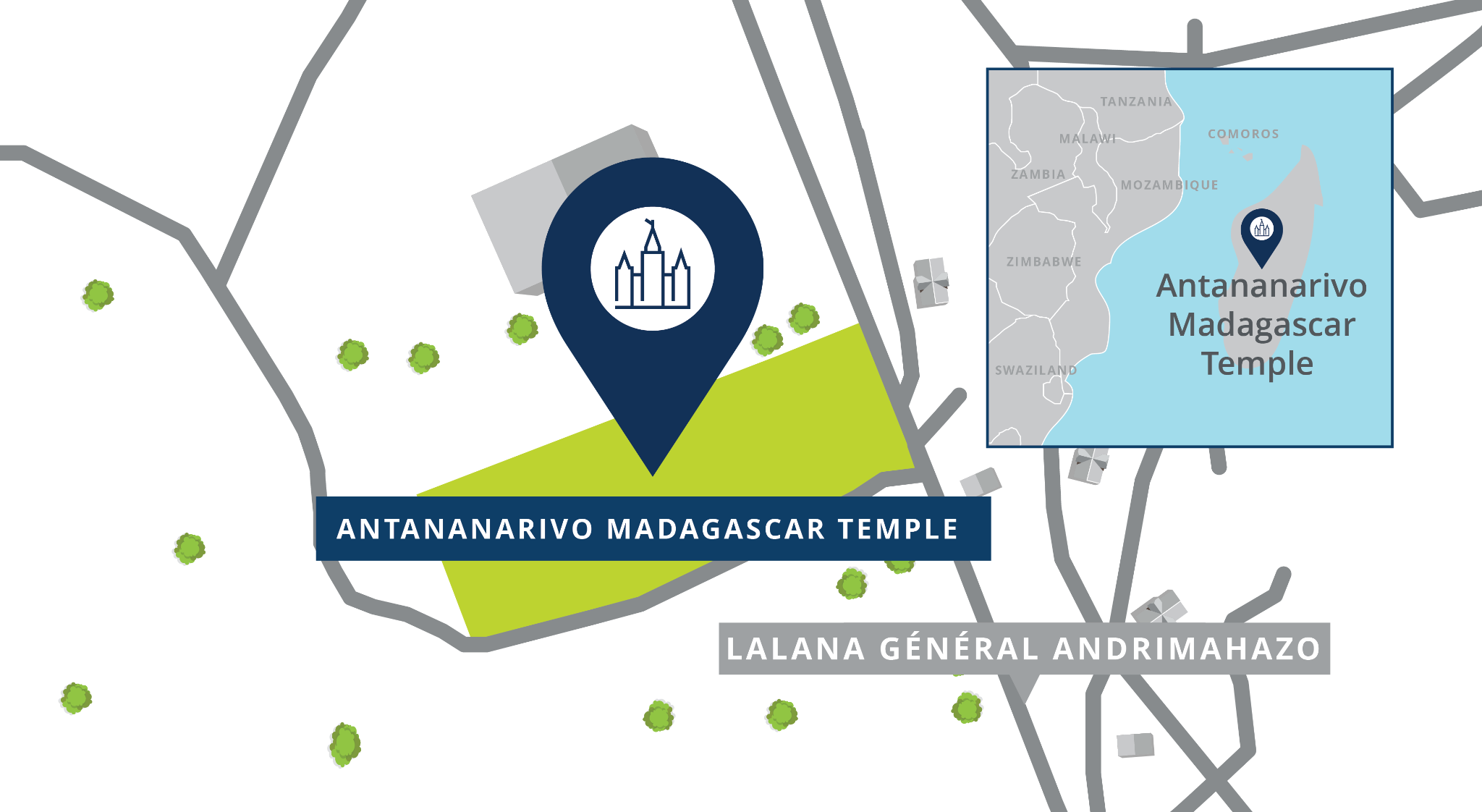 A map of a pin showing the location of the Antananarivo Madagascar Temple site, with nearby roads.