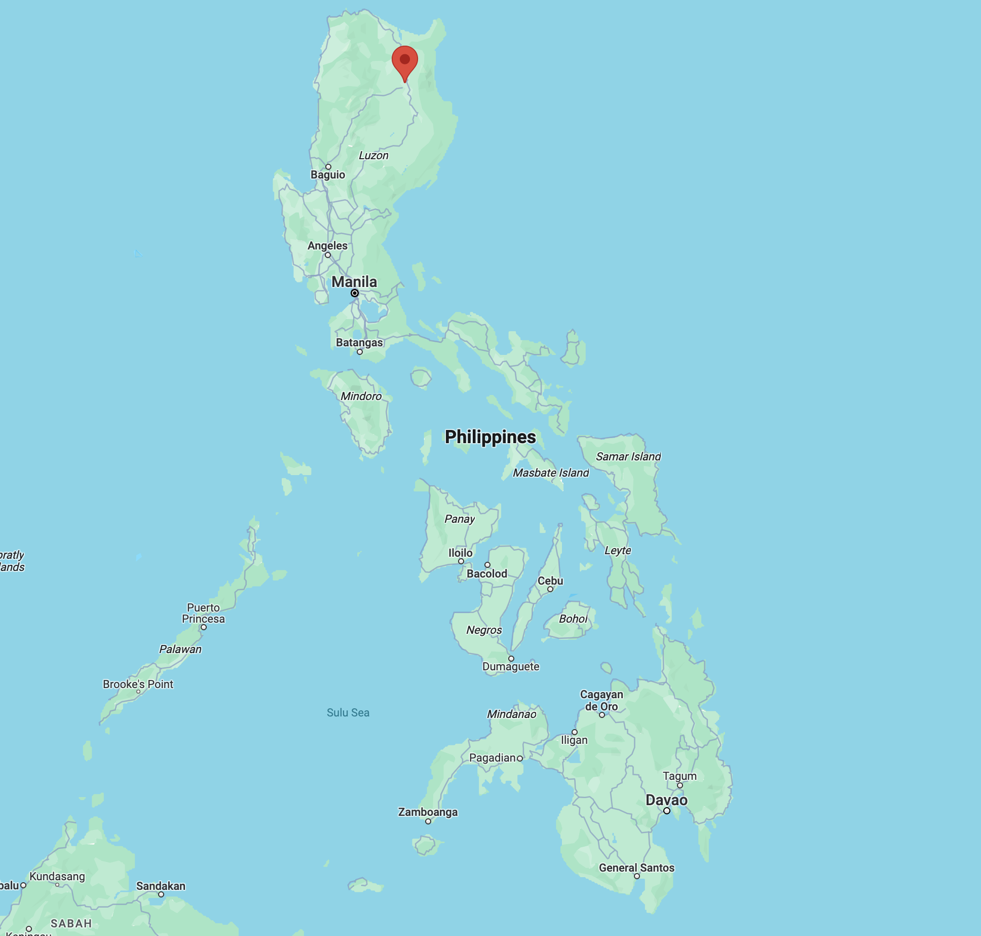 A map of Philippines, with a pin in Tuguegarao City, in the north of the country.