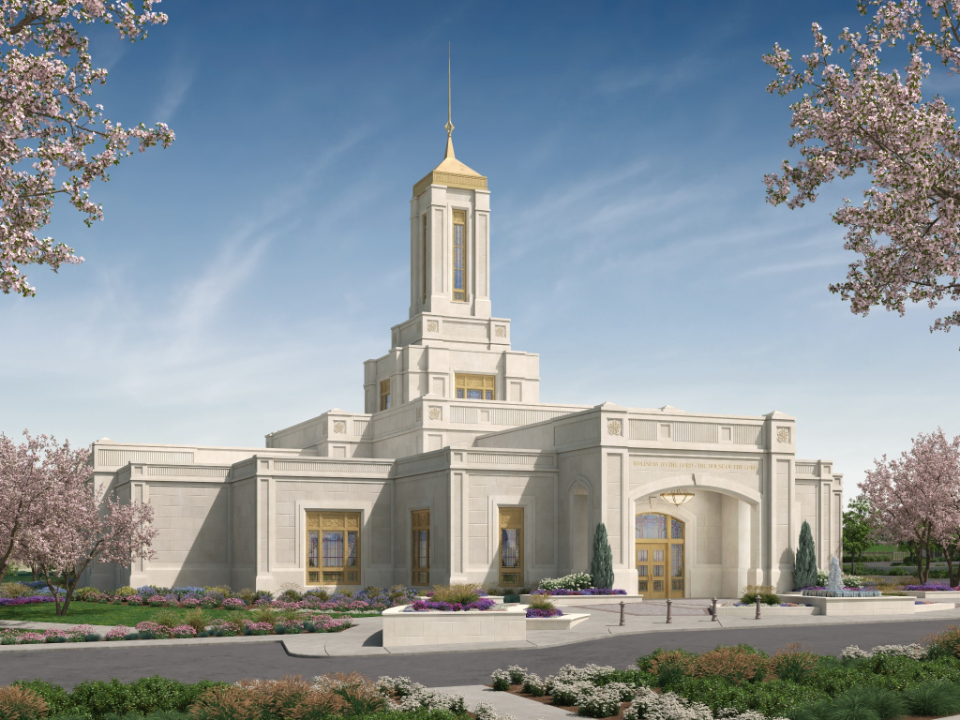 A rendering of the Pittsburgh temple, a gray, one-story building with a center spire on a square base.