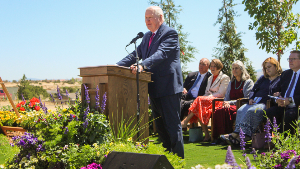 Elder Anthony D. Perkins of the Quorum of the Seventy offers remarks at the groundbreaking of the Farmington New Mexico Temple.