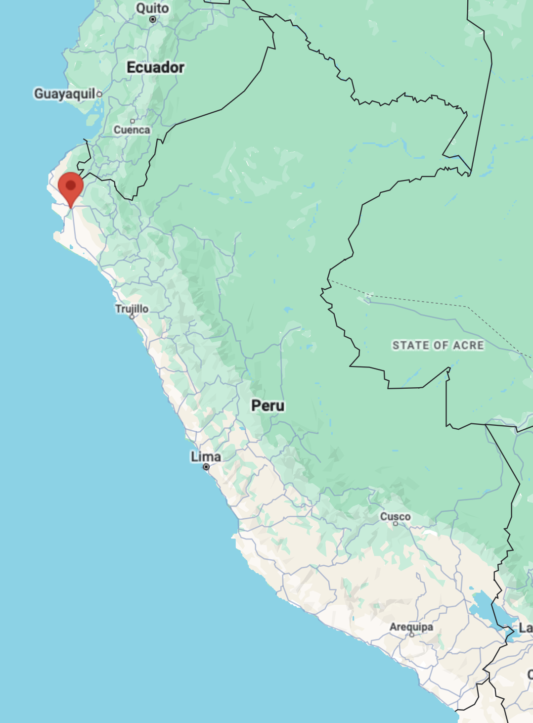 A map of Peru, with a pin in Piura, in the northwest of the country.