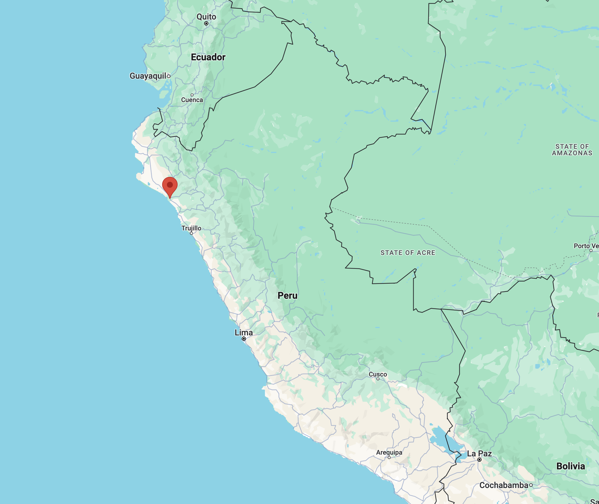 A map of Peru, with a pin in Chiclayo, in the west of the country.
