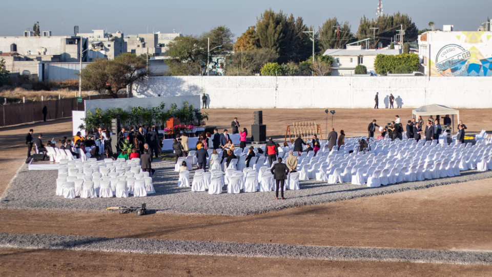 Many rows of white chairs outside on the Querétaro Mexico Temple temple site.