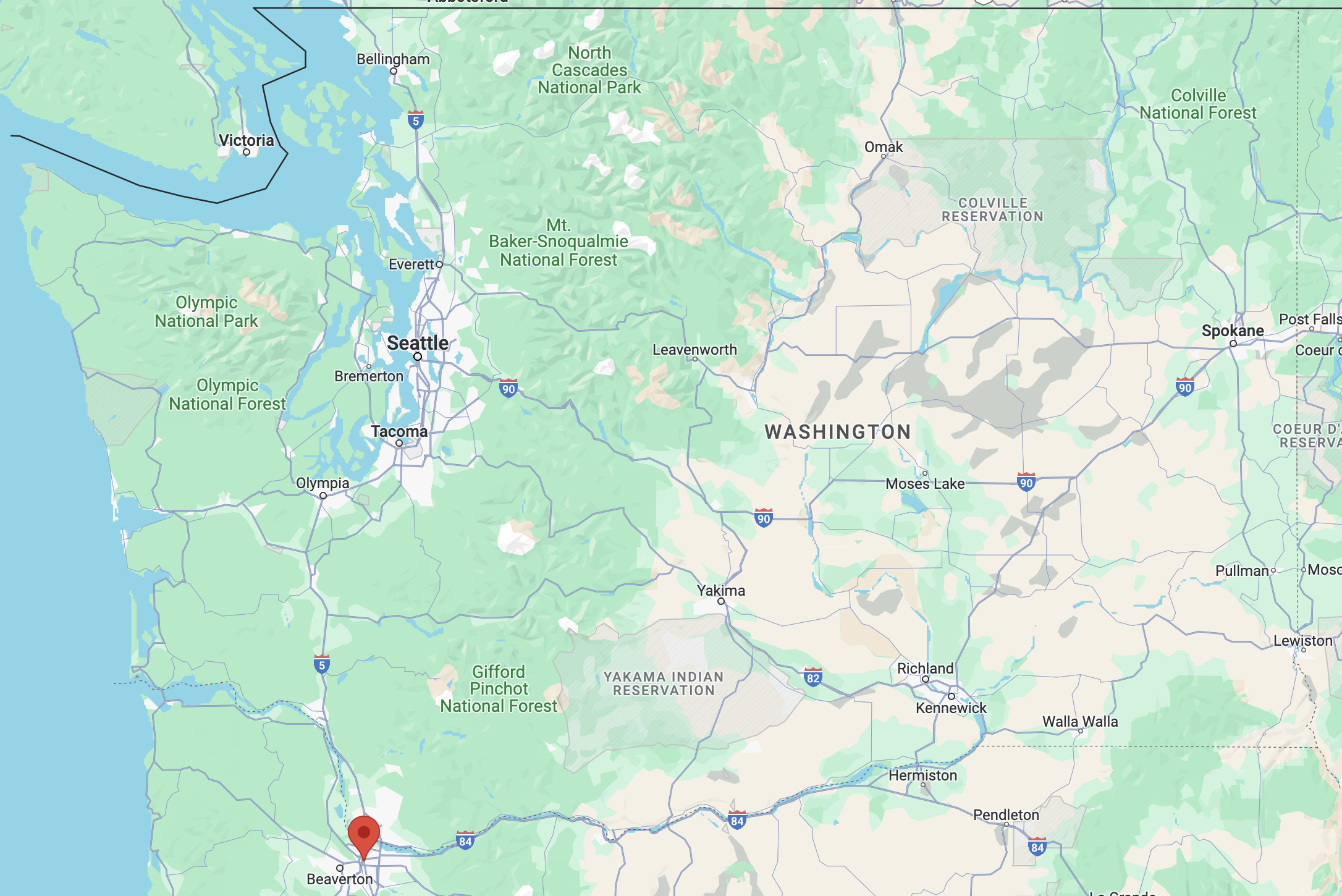 A map of Washington state, with a pin in Vancouver, in the south of the state.