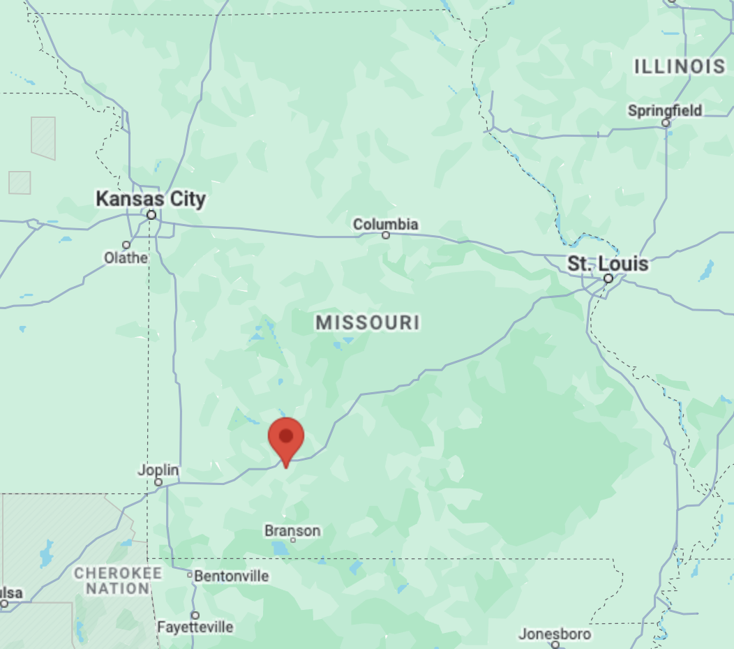 A map of Missouri, with a pin in Springfield, in the southwest of the state.