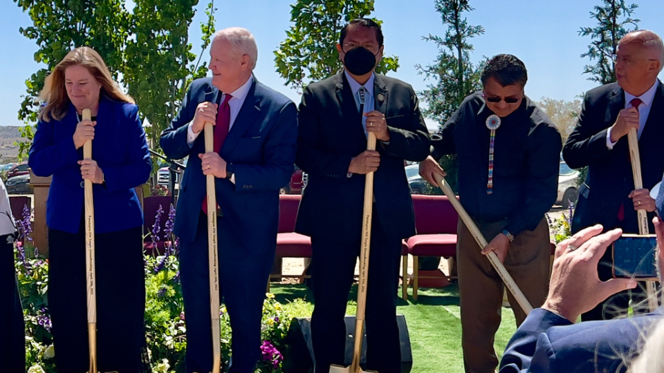 Elder Anthony D. Perkins of the Quorum of the Seventy and his wife are joined by tribal leaders and other invited guests at the groundbreaking of the Farmington New Mexico Temple in Farmington, New Mexico. Those pictured include Jonathan Nez, president of the Navajo Nation (center), Manuel Heart, chairman of the Ute Mountain Ute Tribe, and Elder Larry J. Echo Hawk, an Emeritus General Authority Seventy (right).