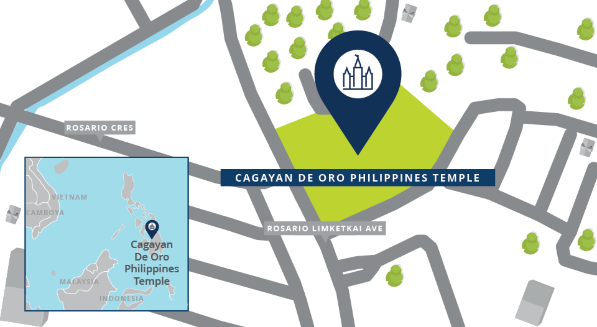 A map with a pin showing the location of the Cagayan de Oro Philippines Temple site, with nearby roads.
