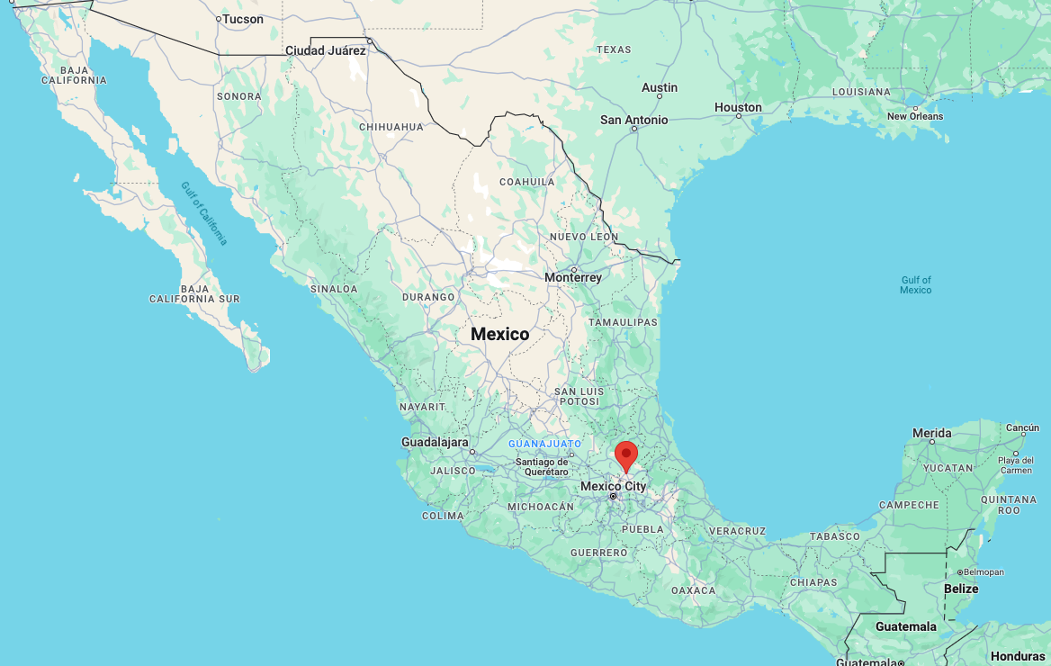A map of Mexico, with a pin in Pachuca, in the east of the country.