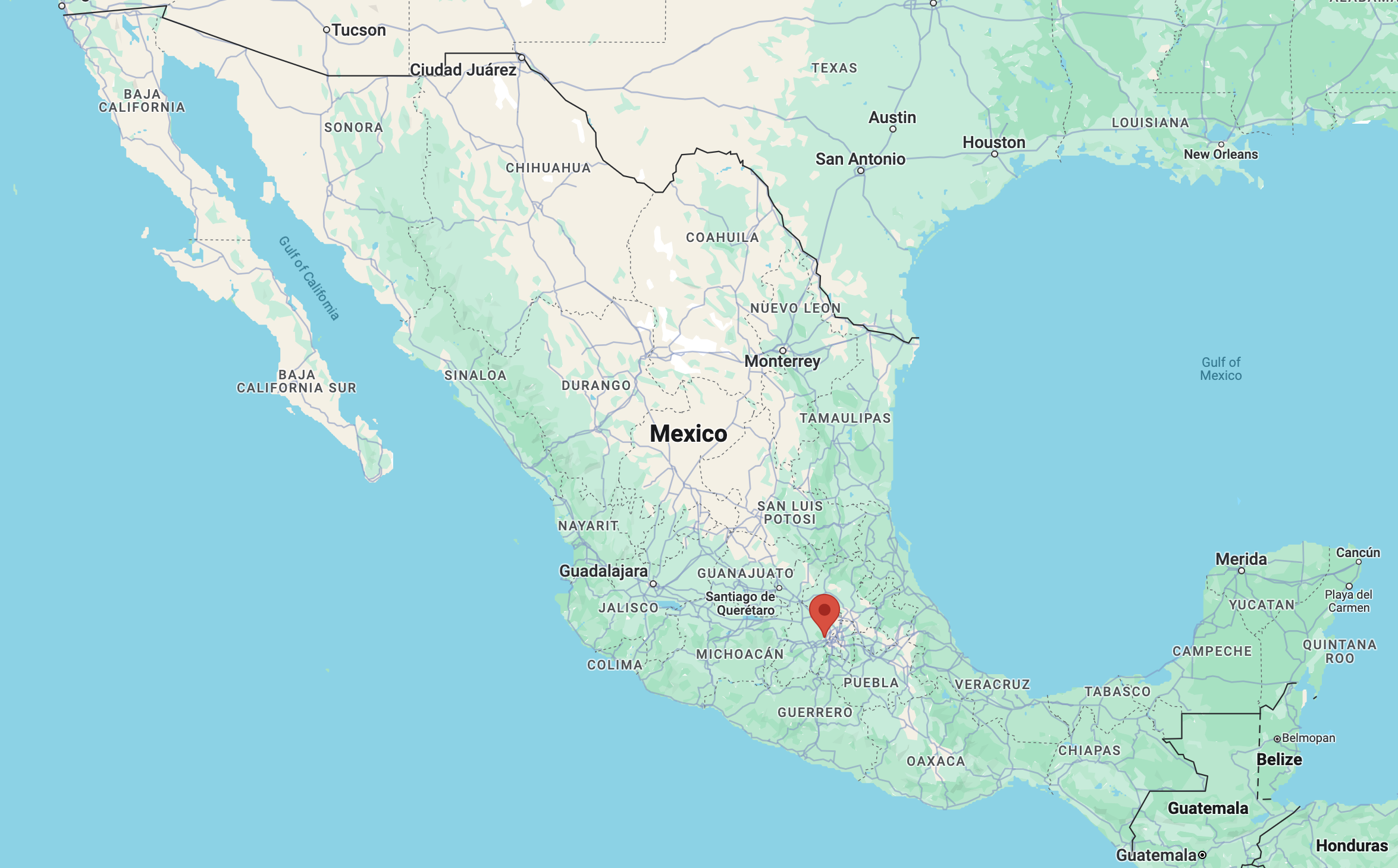 A map of Mexico, with a pin in Tula, in the south of the country.
