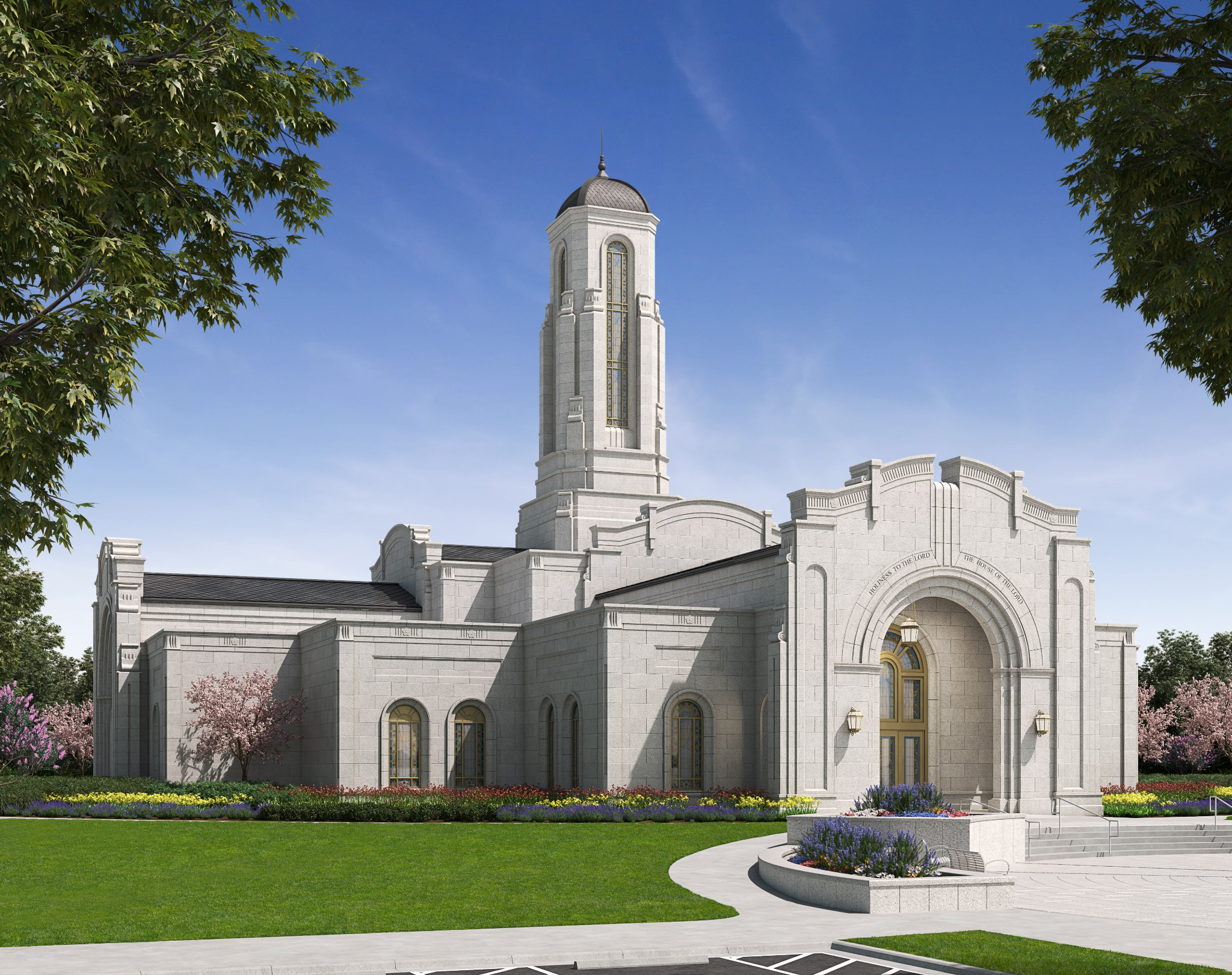 A rendering of the Modesto temple, a white single-story building with several arched windows around the exterior and a tall, thin tower above the center.