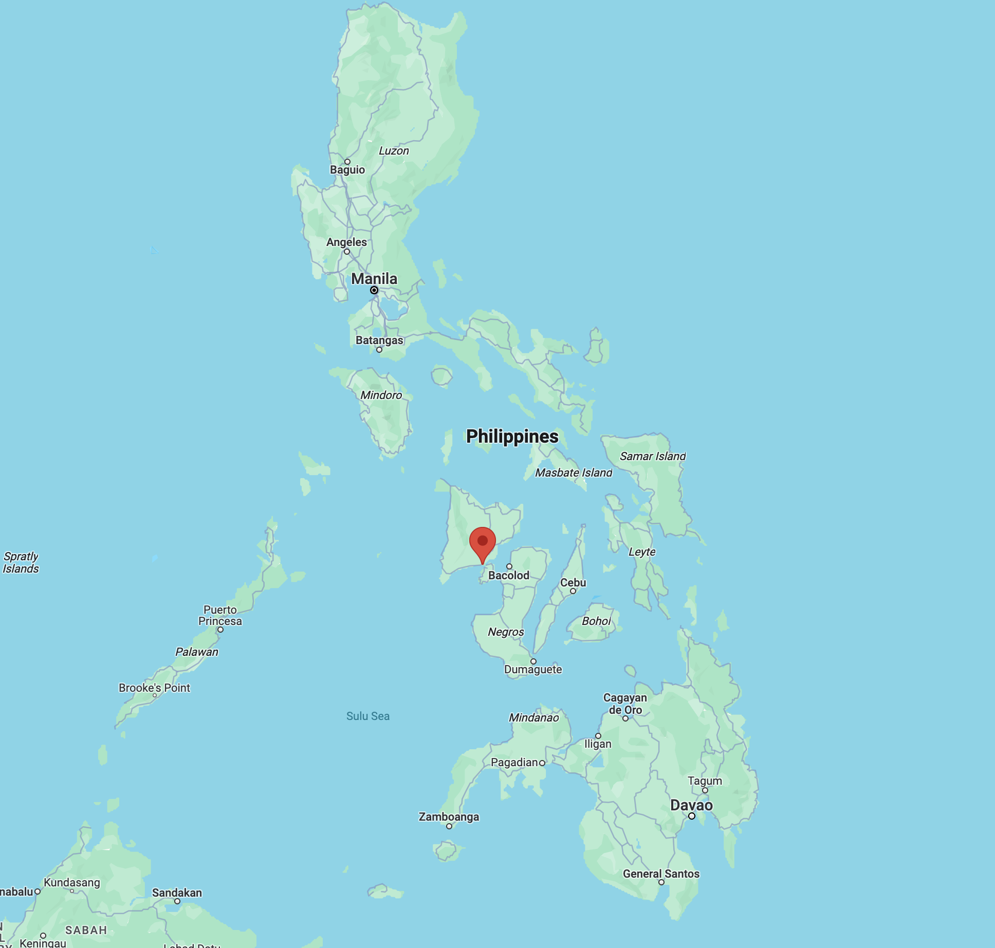 A map of Philippines, with a pin in Iloilo City, in the central region of the country.