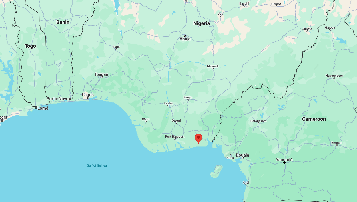 A map of Nigeria, with a pin in Eket, in the south of the country.
