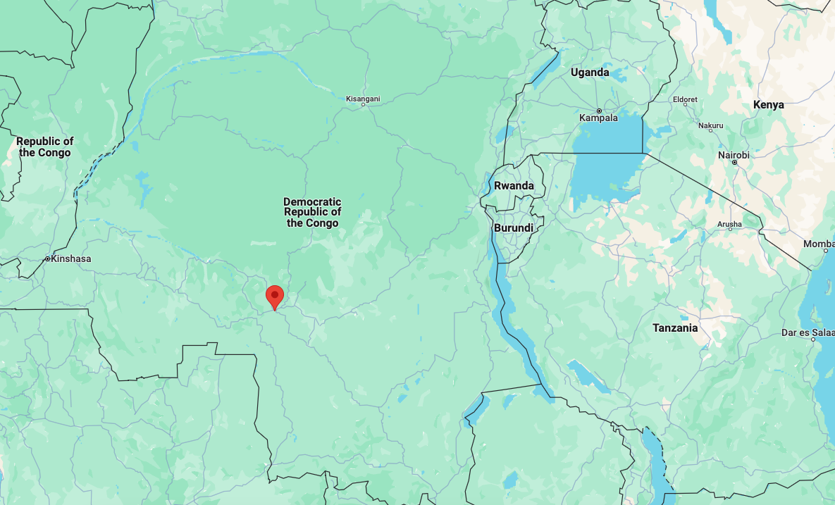 A map of the Democratic Republic of the Congo, with a pin in Kananga, in the south of the country.