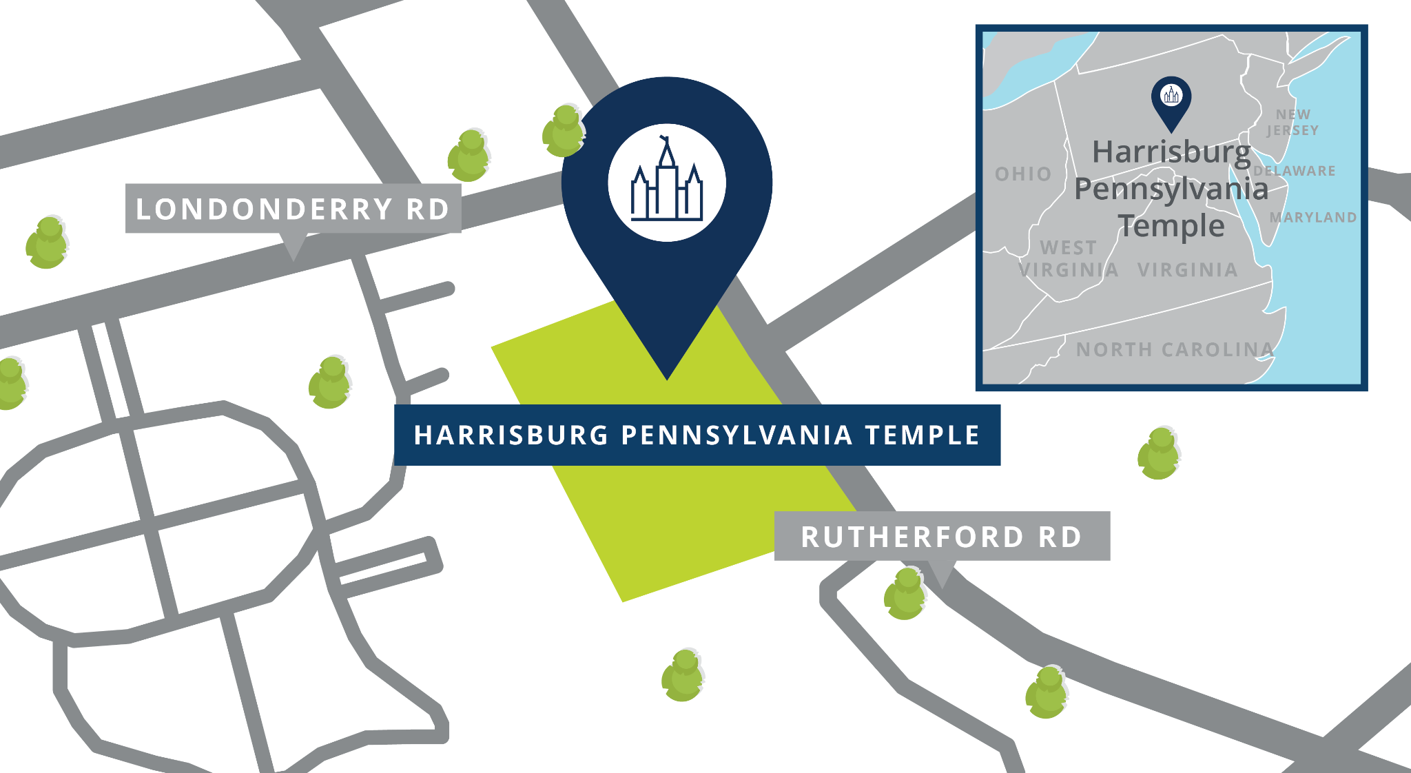 A map of a pin showing the location of the Harrisburg Pennsylvania Temple site, with nearby roads.
