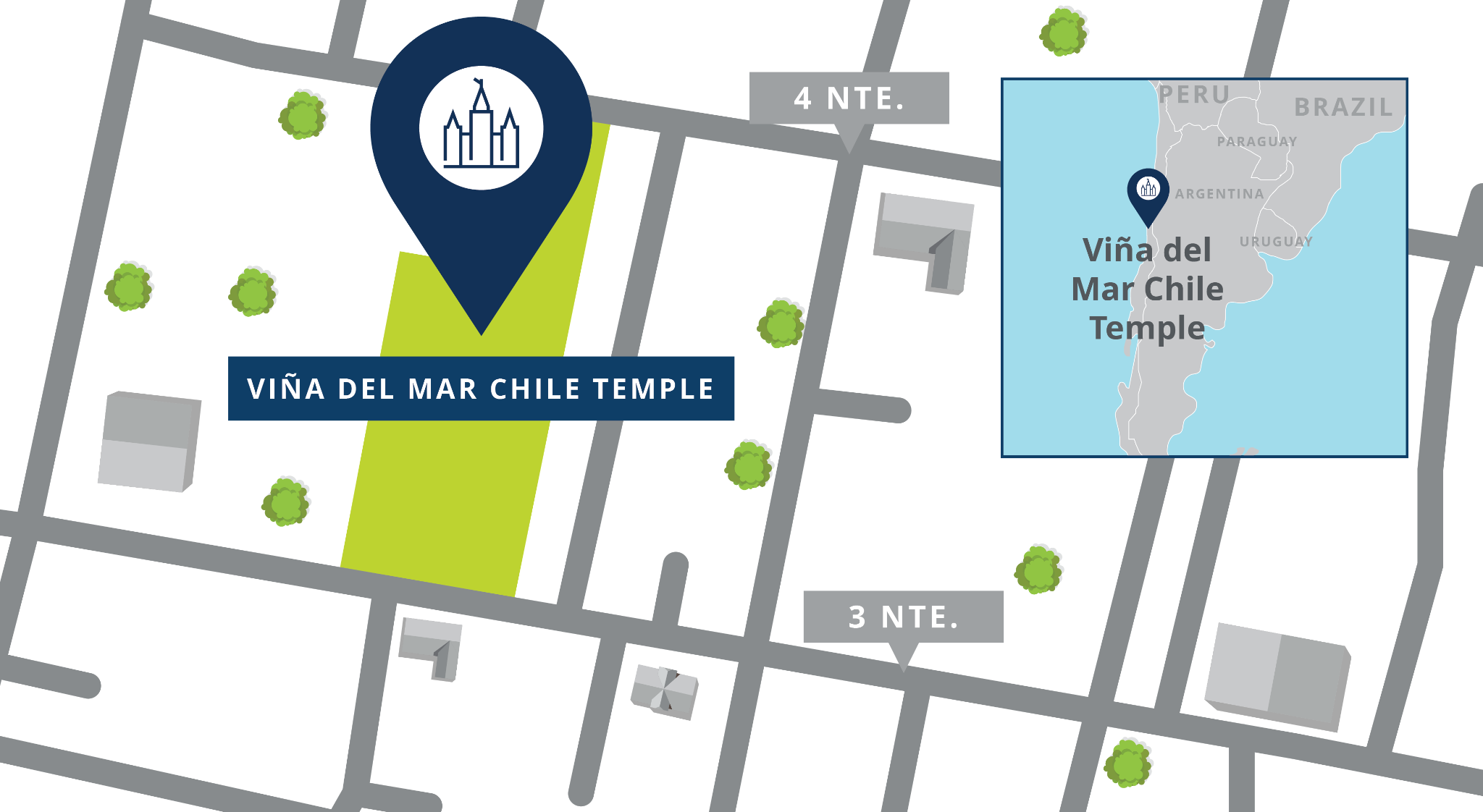 A map of a pin showing the location of the Viña del Mar Chile Temple site, with nearby roads.