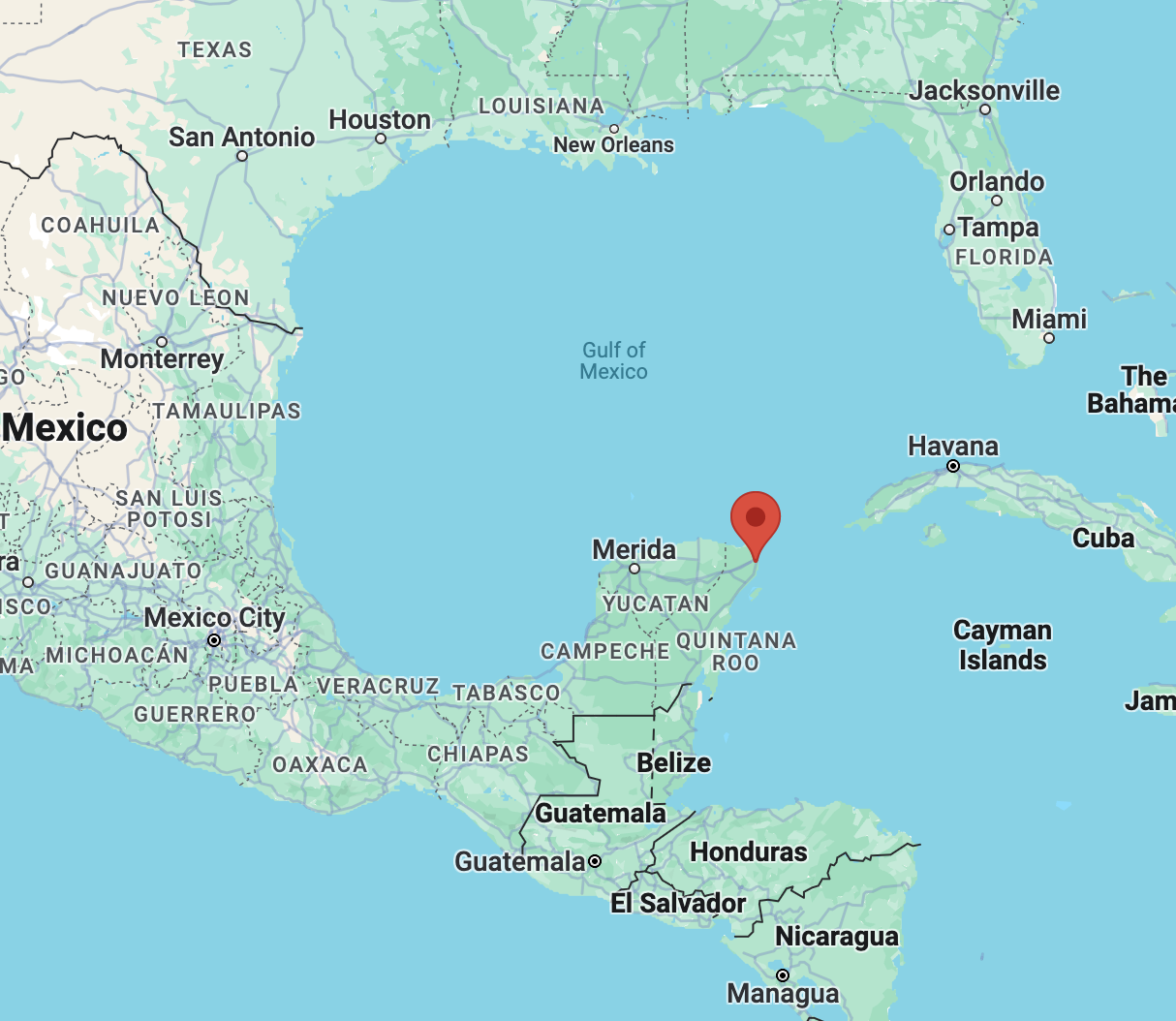 A map showing the location of Cancun, Mexico. The city lies at northeastern tip of the Yucatan Peninsula.