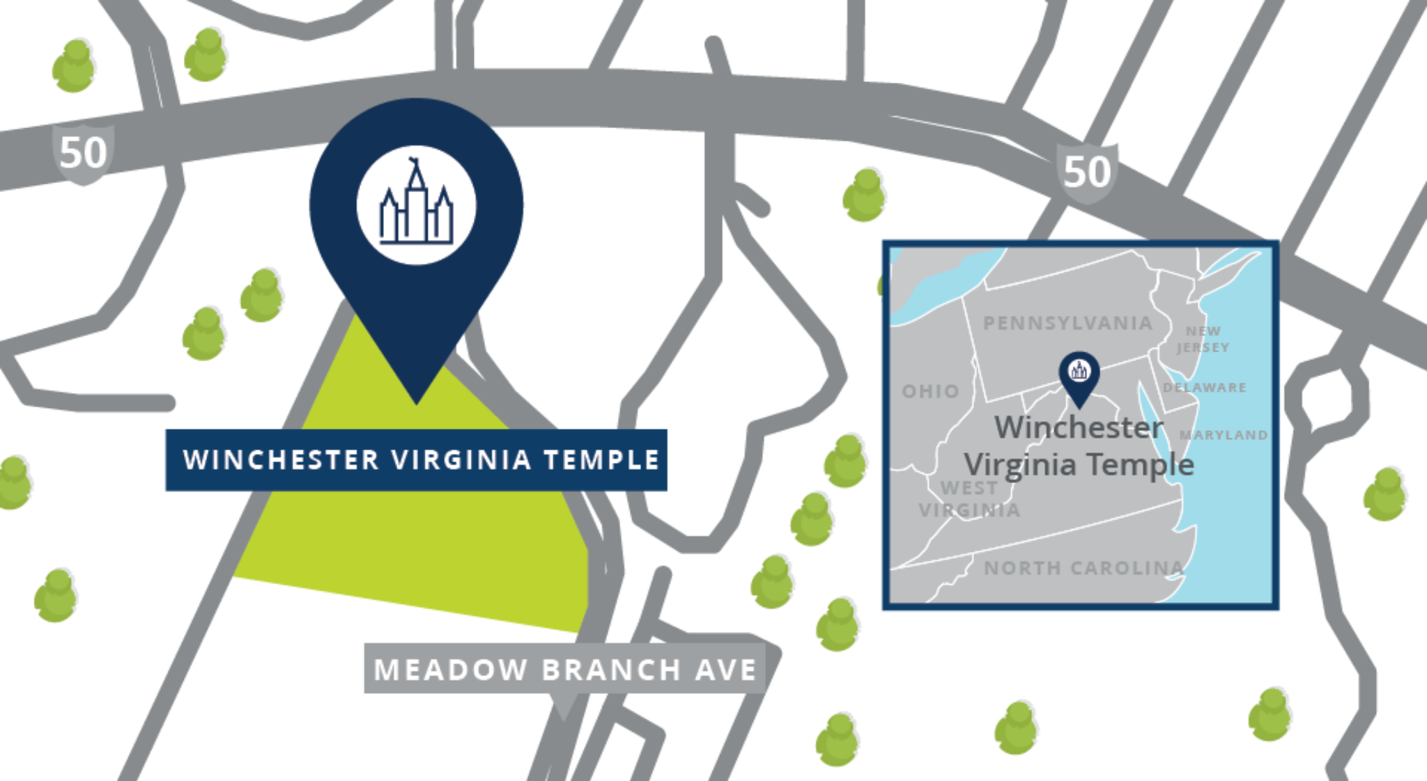 A map of a pin showing the location of the Winchester Virginia Temple site, with nearby roads.
