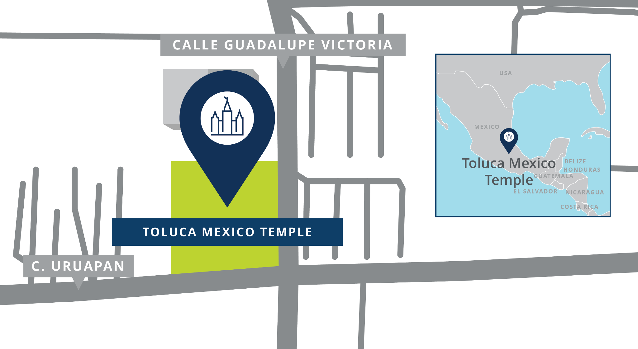 A map of a pin showing the location of the Toluca Mexico Temple site, with nearby roads.