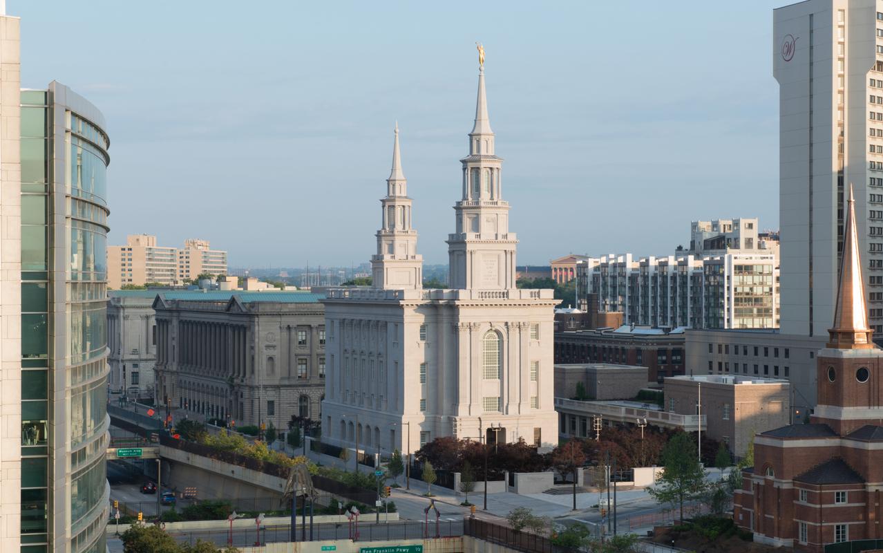 The Philadelphia Pennsylvania Temple, a white building with a spire at both ends.