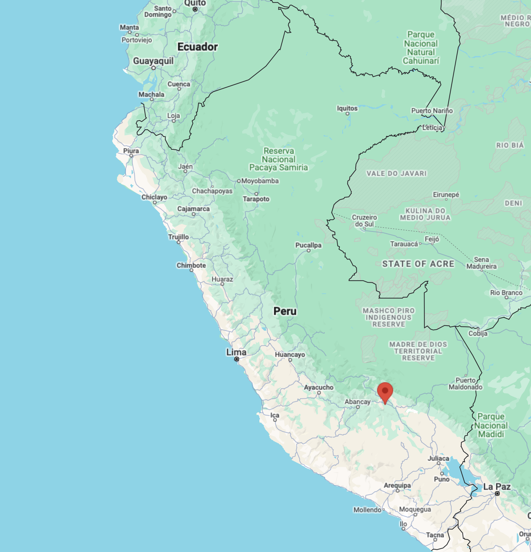 A map of Peru, with a pin in Cusco, in the south of the country.