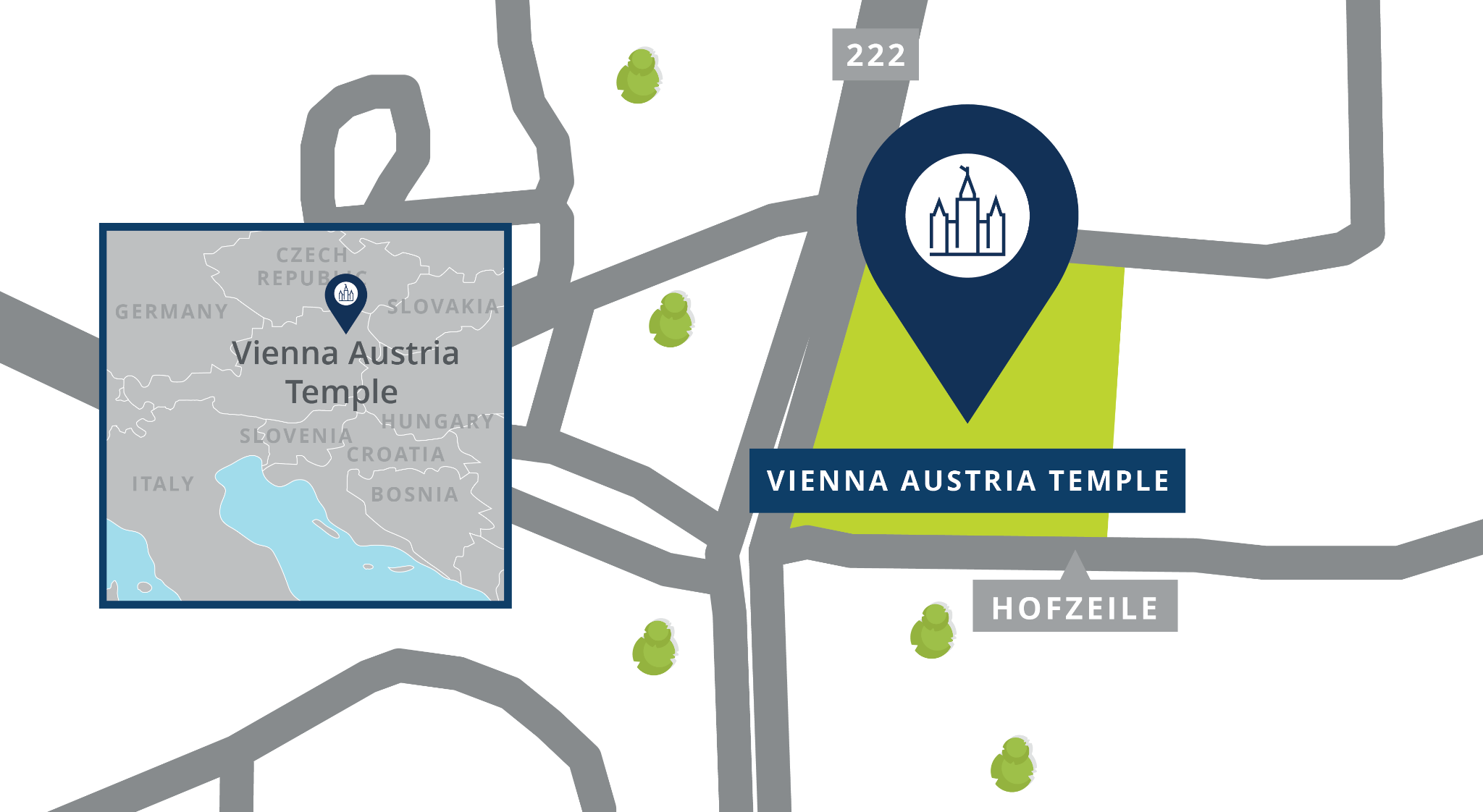 A map of a pin showing the location of the Vienna Austria Temple site, with nearby roads.