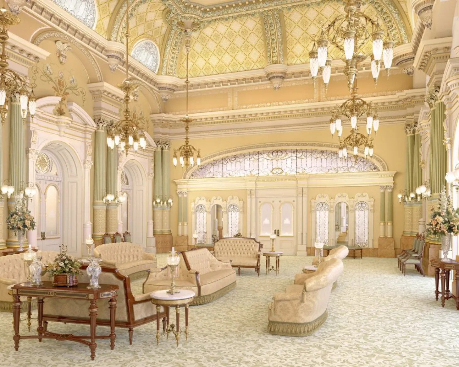 A large white room with several chandeliers hanging from the ceiling, with white couches all around the white carpet.