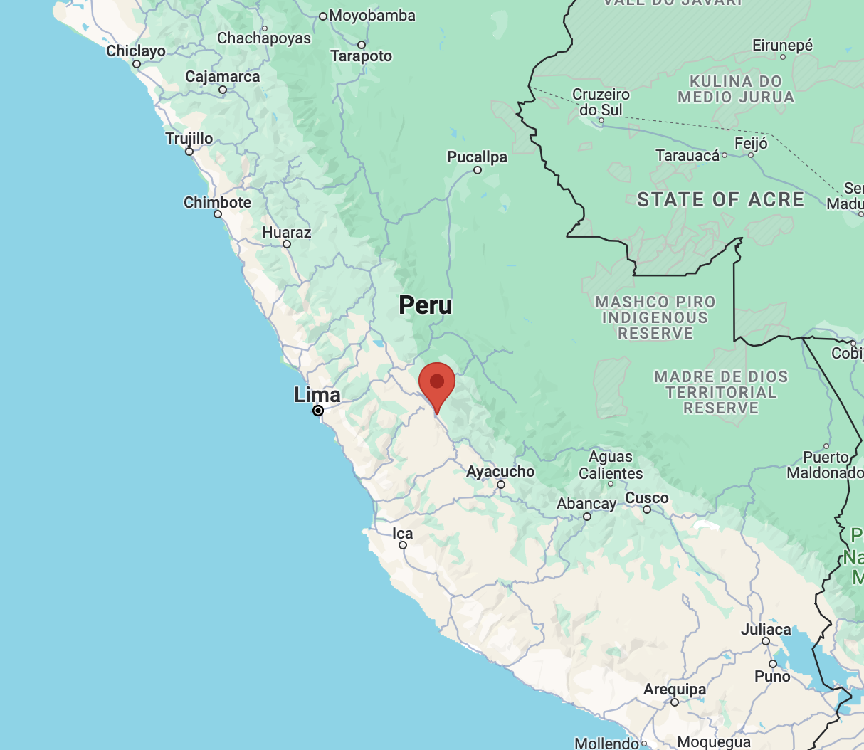 A map showing the location of Huancayo in relation to the country of Peru. The city lies east of Lima in the south central part of Peru.