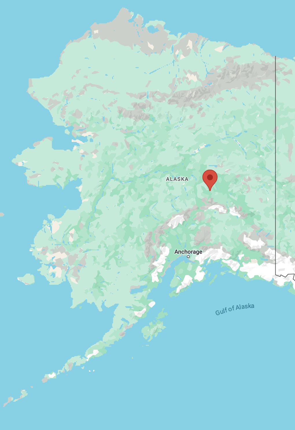 A map of Alaska, with a pin in Fairbanks, near the center of the state.