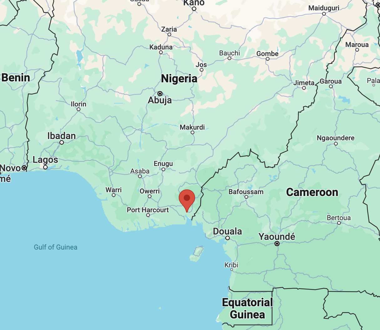 A map of the location of Calabar in relation to the country of Nigeria.